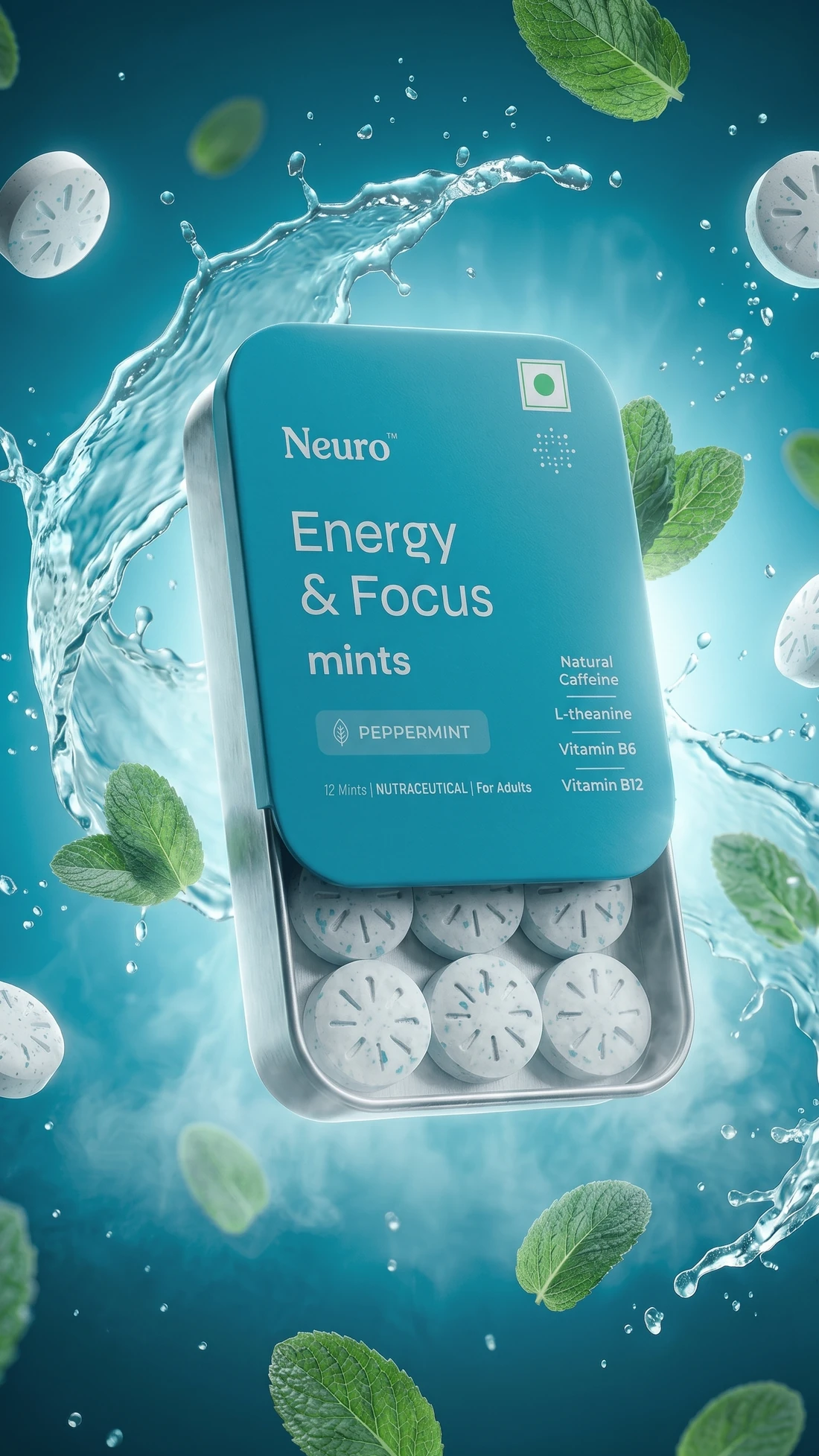 Carousel frame: a tin of energy and focus mints in a splash of water and mint leaves